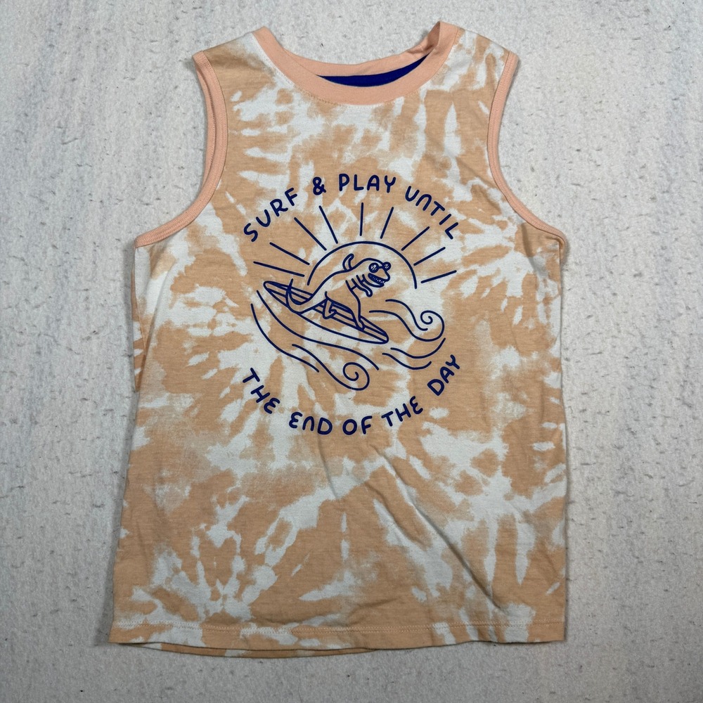 Cat & Jack Boys Peach Tie Dye Surfing Dinosaur Graphic Tank Top Size M 8-10